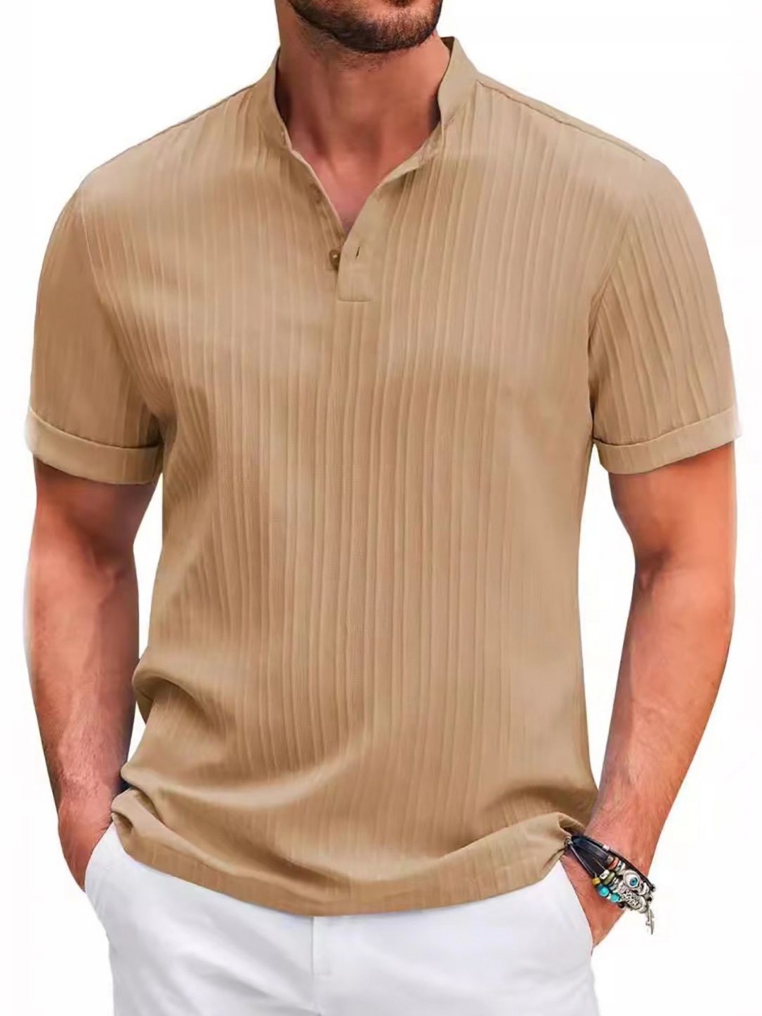 

StyleCast x Revolte Men Self Design Polo Collar T-shirt, Khaki