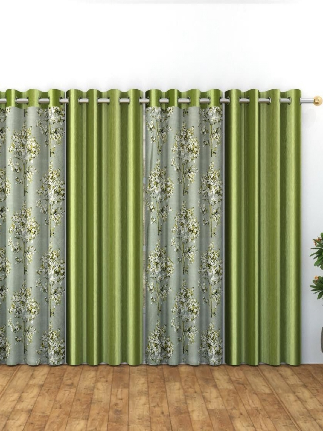 

Banchmark Home Furnishings Green & White Set of 4 Floral Long Door Curtain