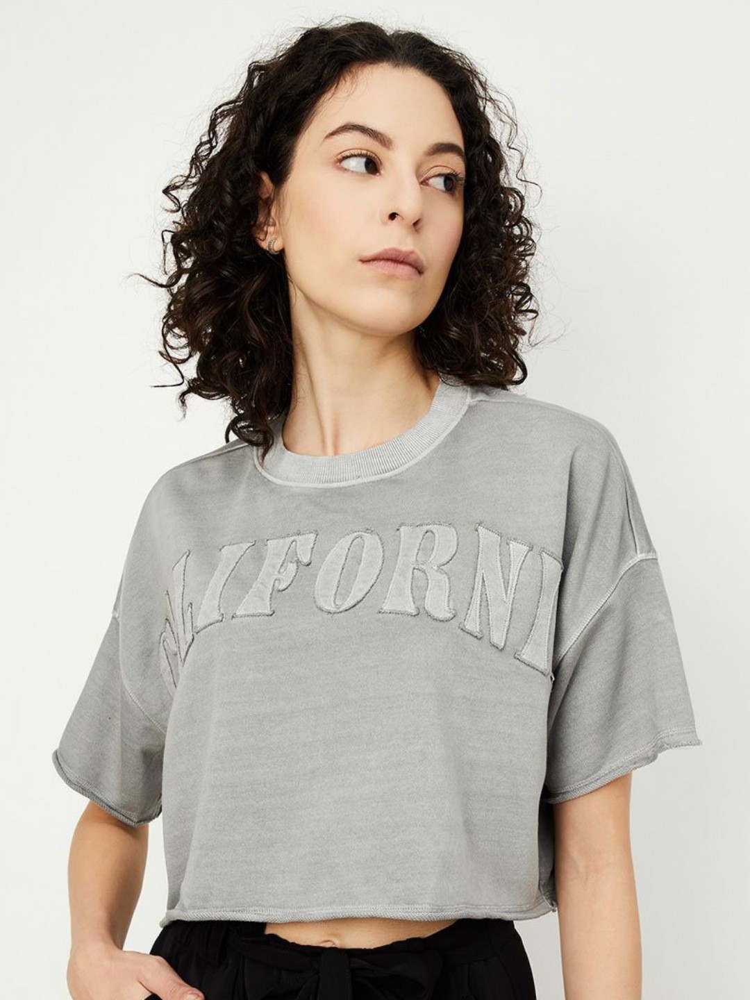 

max Women Typography Printed Round Neck Cotton T-shirt, Grey