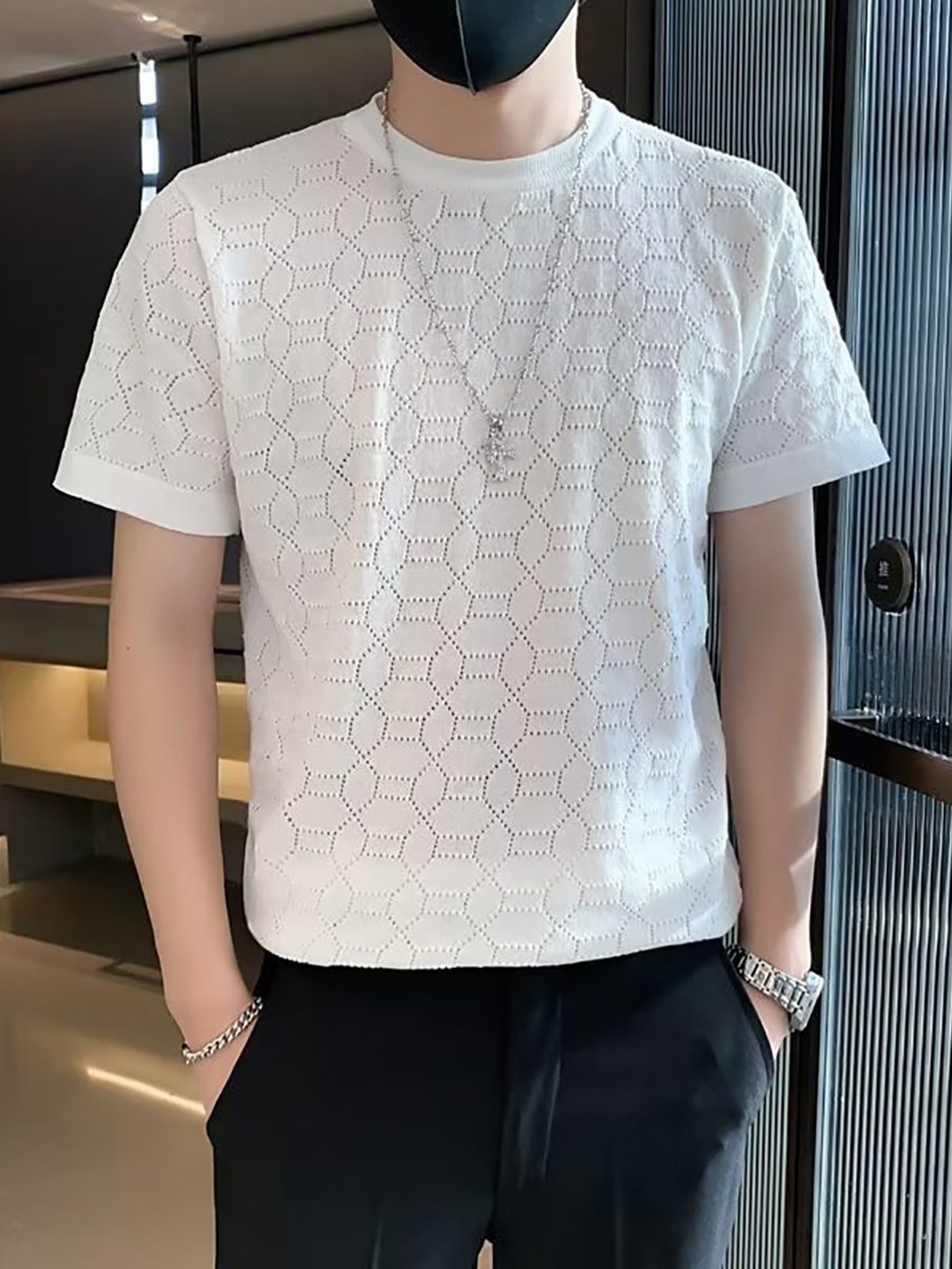 

StyleCast x Revolte Men Self Design Round Neck T-shirt, White