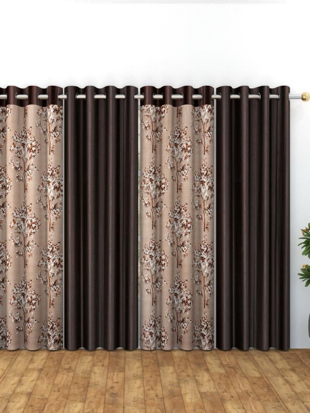 

Banchmark Home Furnishings Brown & White Set of 4 Floral Long Door Curtain
