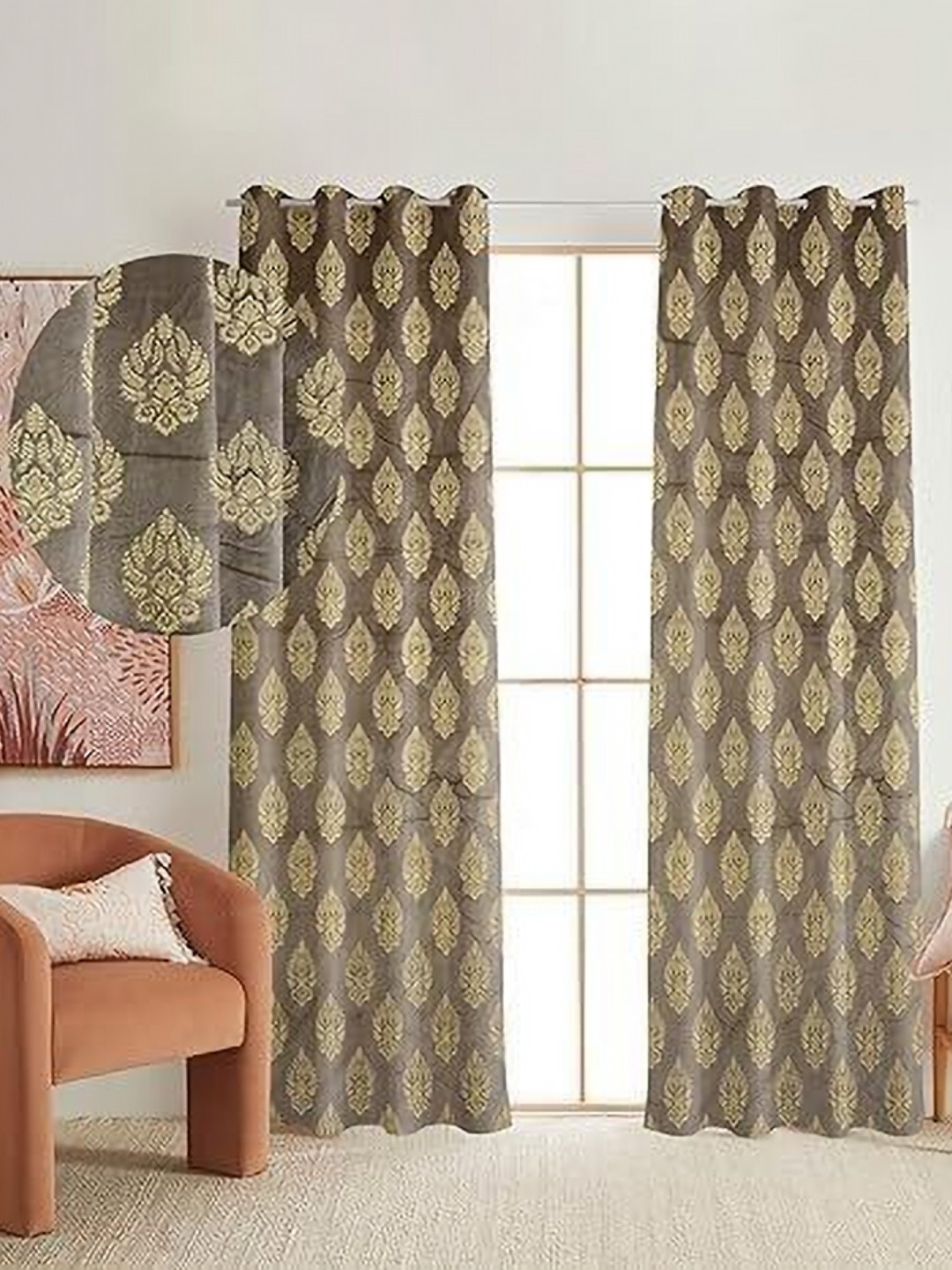 

Banchmark Home Furnishings Grey & Beige Set of 2 Ethnic Motifs Black Out Window Curtain
