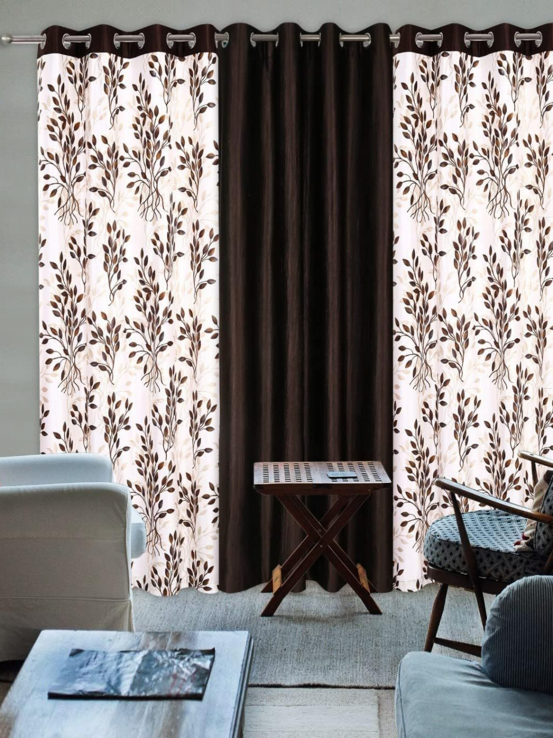

Banchmark Home Furnishings Brown & White Set of 3 Floral Black Out Long Door Curtain