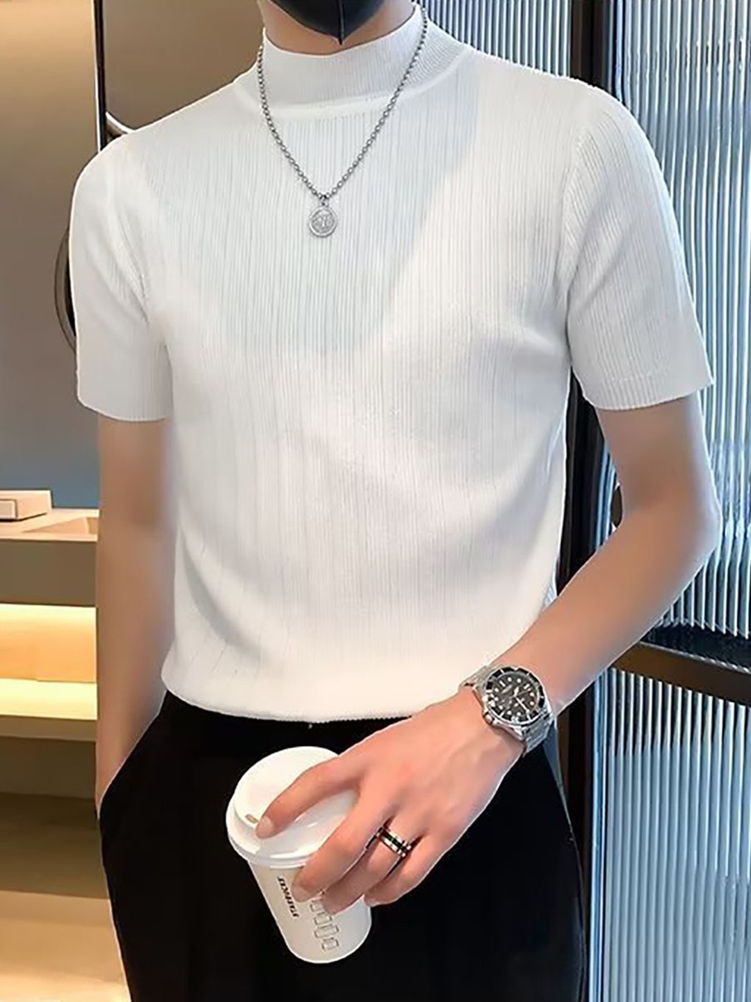 

StyleCast x Revolte Men Self Design High Neck T-shirt, White