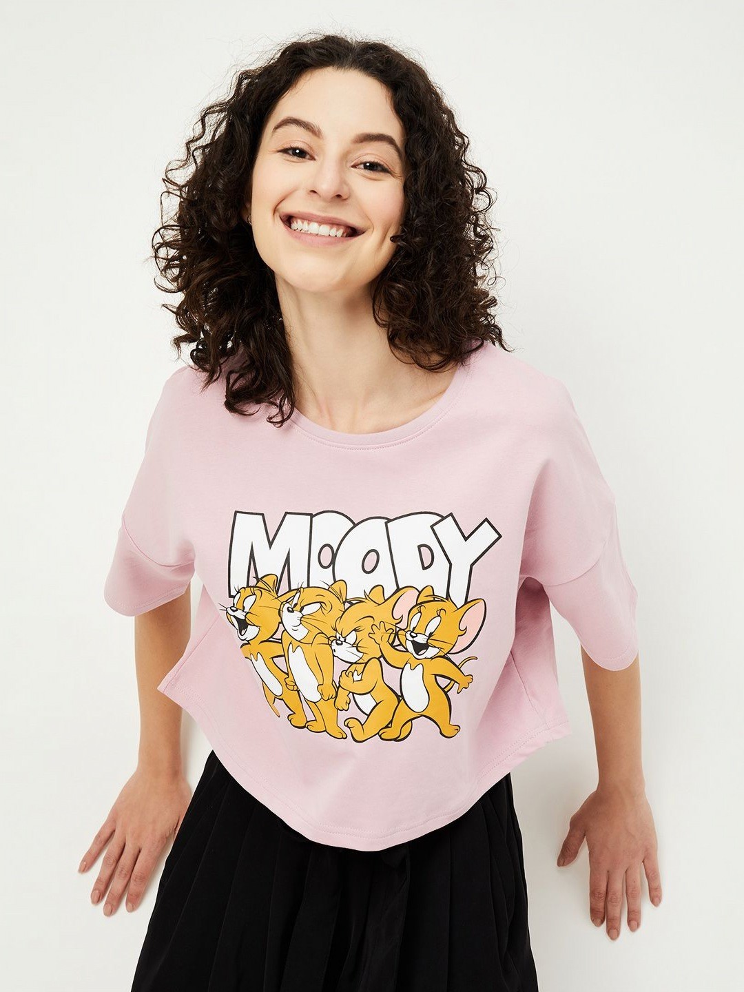 

max Women Tom & Jerry Graphic Printed Round Neck Cotton T-shirt, Pink