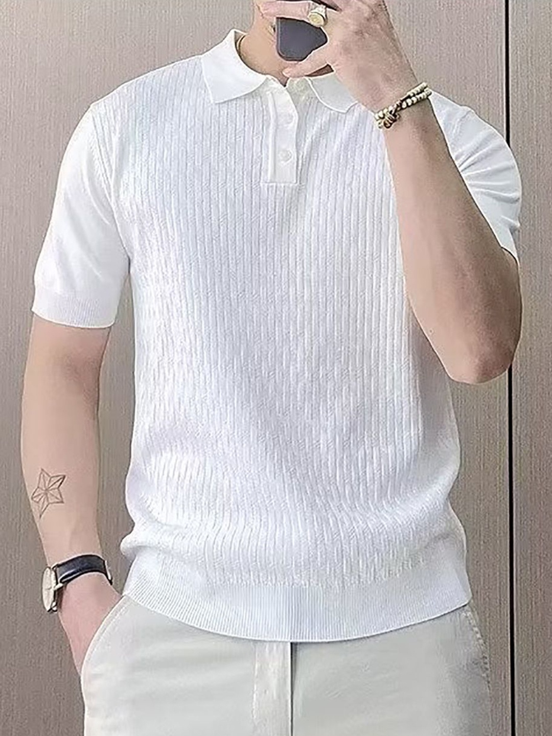 

StyleCast x Revolte Men Self Design Polo Collar T-shirt, White