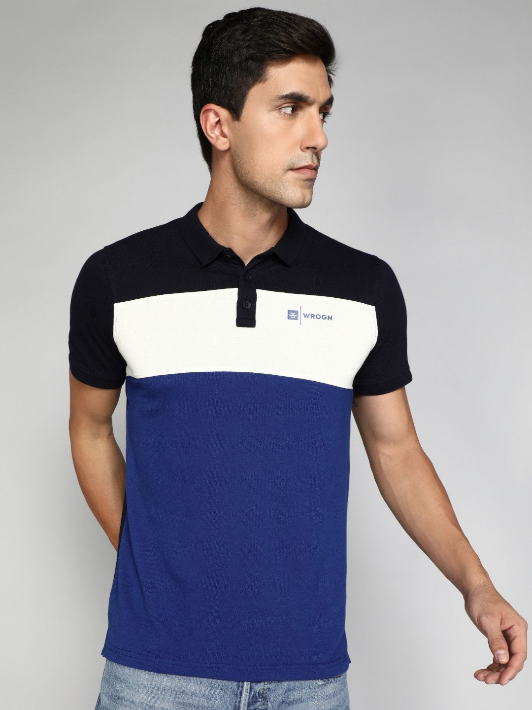 

WROGN Men Colourblocked Polo Collar Cotton T-shirt, Navy blue