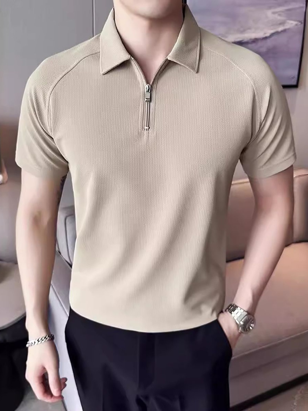 

StyleCast x Revolte Men Solid Polo Collar T-shirt, Beige