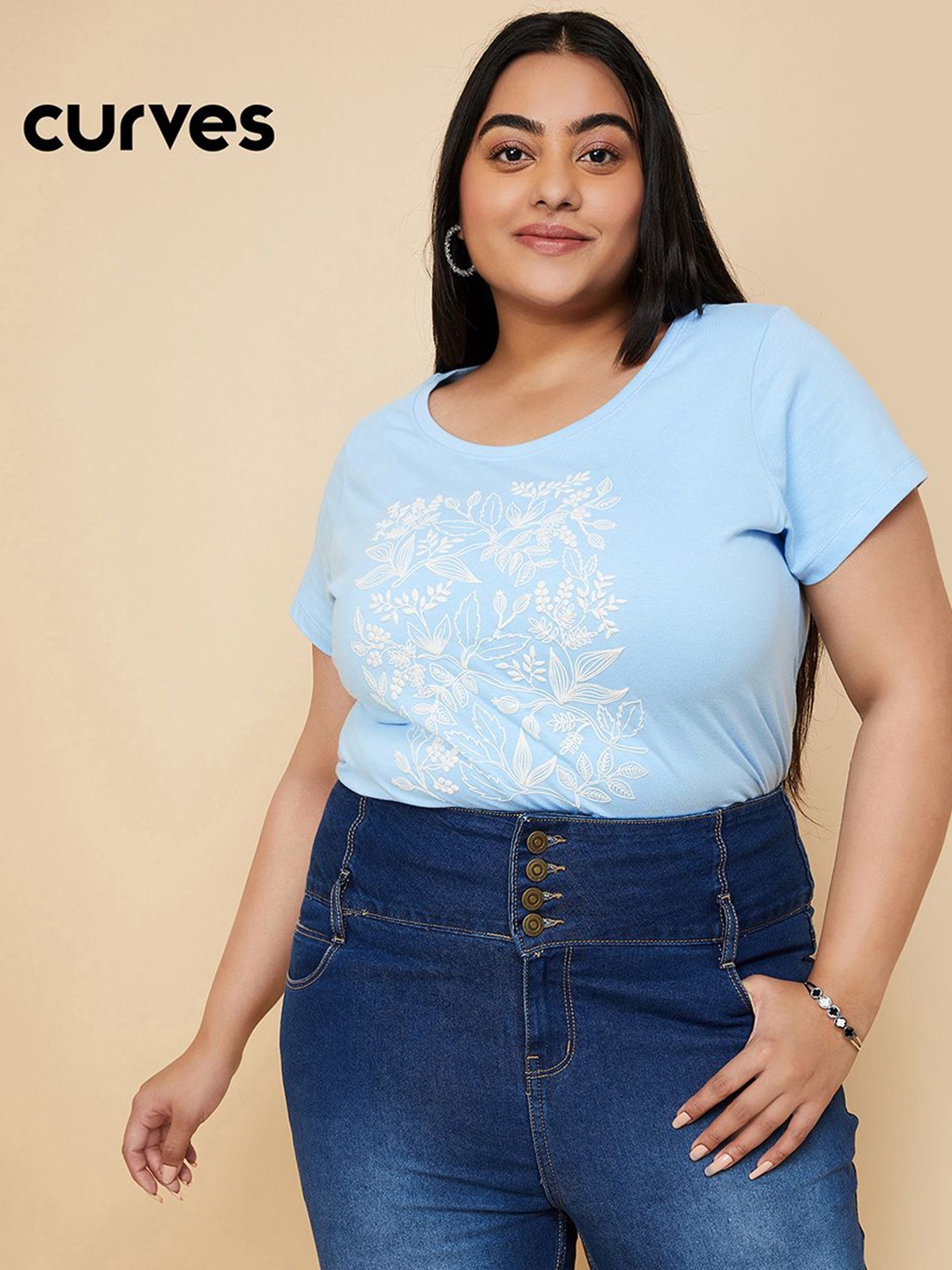 

max Women Plus Size Floral Printed Round Neck Cotton T-shirt, Blue