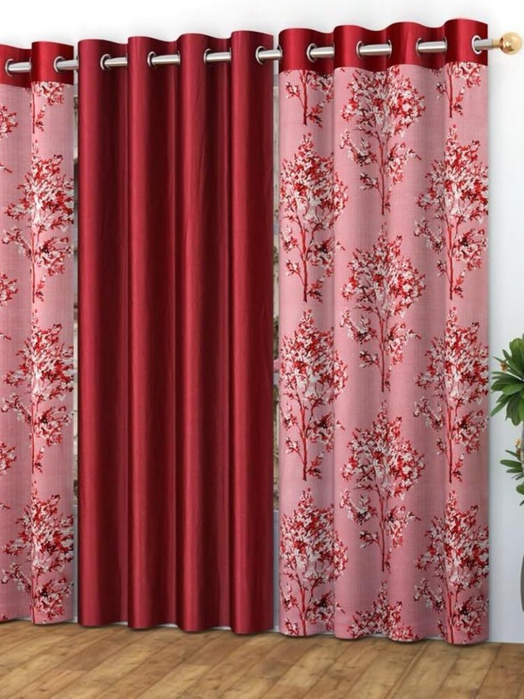 

Banchmark Home Furnishings Maroon & White Set of 3 Floral Black Out Door Curtain