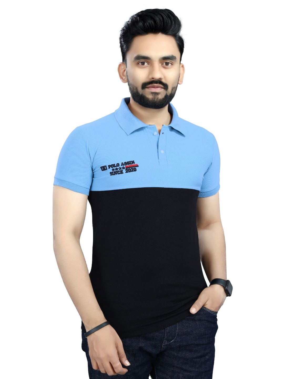 

DYRECTDEALS Men Colourblocked Polo Collar T-shirt, Blue