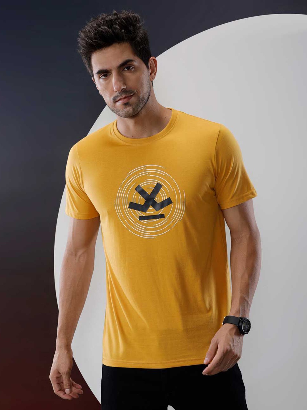 

WROGN Men Graphic Printed Round Neck Pure Cotton T-shirt, Mustard