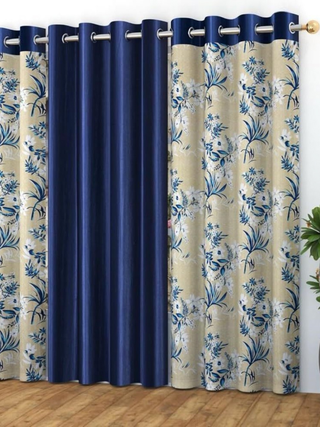 

Banchmark Home Furnishings Blue & White Set of 3 Floral Black Out Long Door Curtain