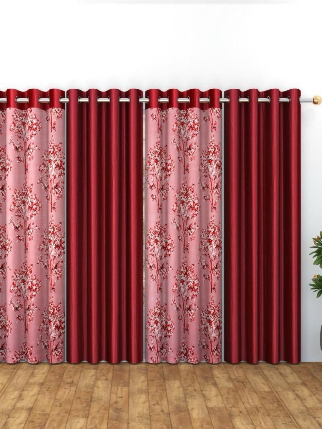 

Banchmark Home Furnishings Red & White Set of 4 Floral Long Door Curtain