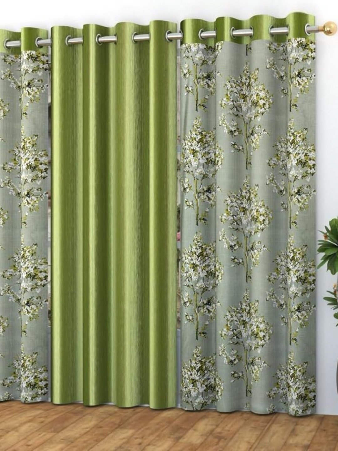 

Banchmark Home Furnishings Green & White Set of 3 Floral Black Out Window Curtain