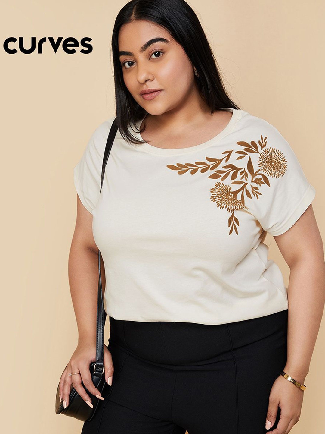 

max Women Plus Size Floral Printed Round Neck Cotton T-shirt, Beige