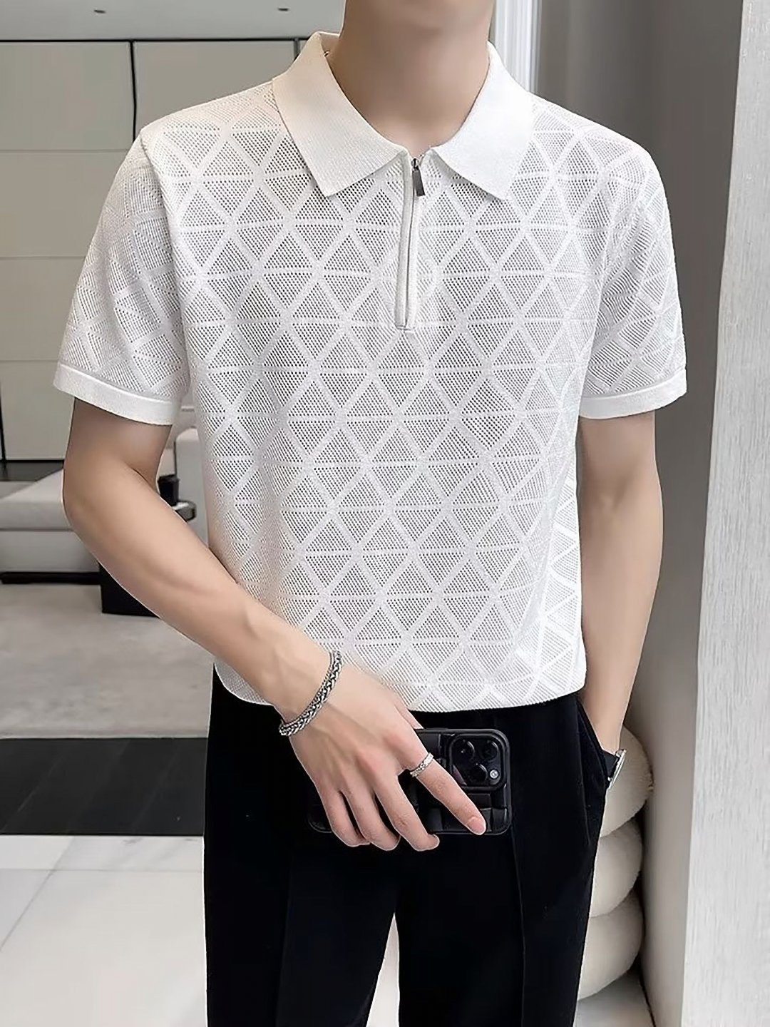 

StyleCast x Revolte Men Self Design Polo Collar T-shirt, White