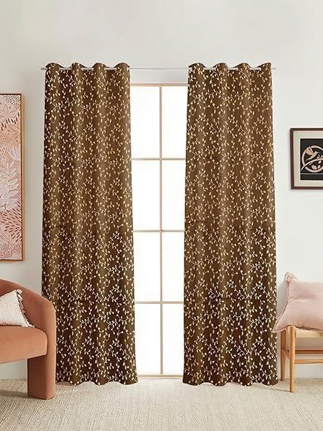 

Banchmark Home Furnishings Coffee Brown 2 Pieces Floral Velvet Black Out Window Curtains