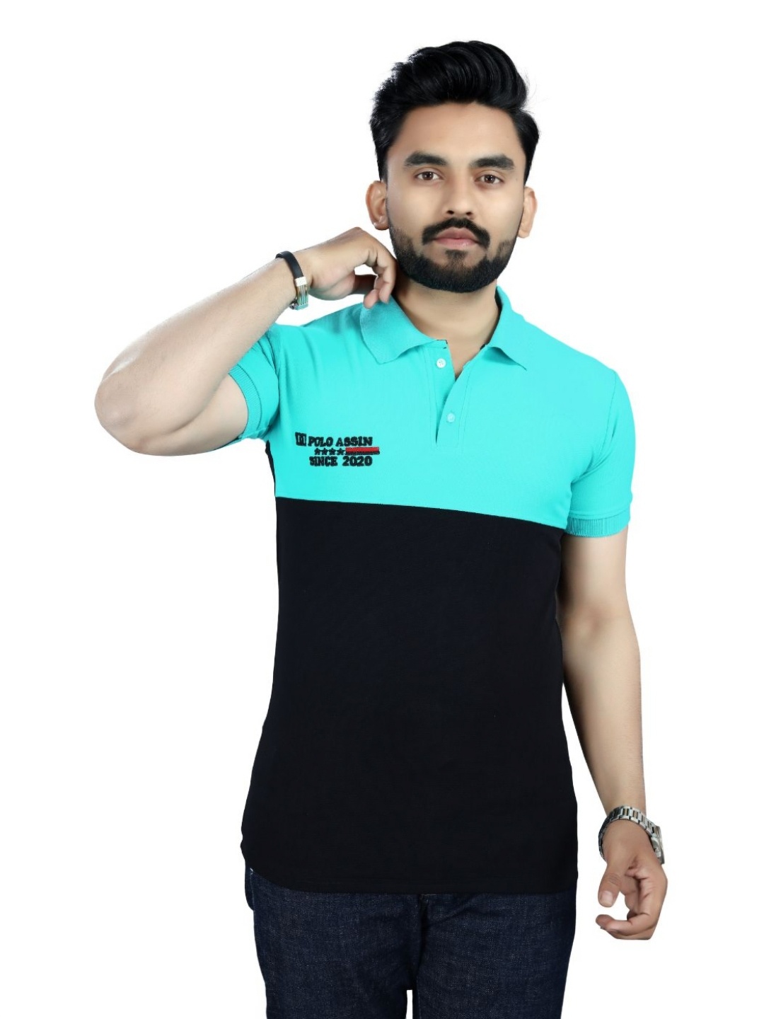 

DYRECTDEALS Men Colourblocked Polo Collar T-shirt, Blue