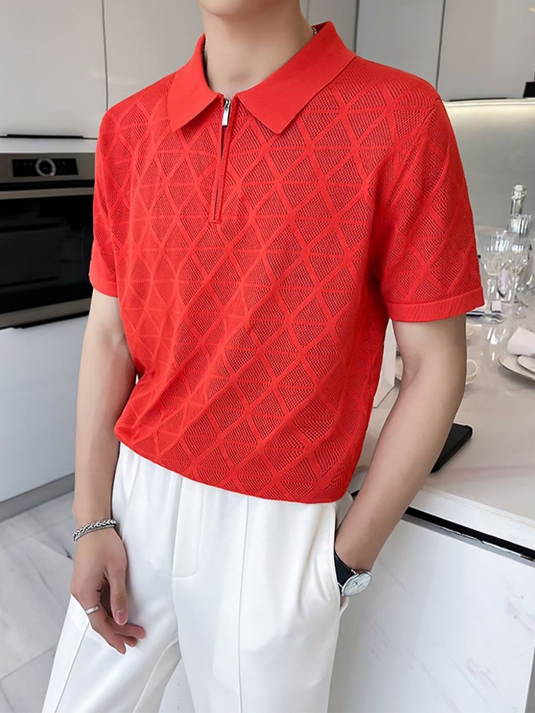 

StyleCast x Revolte Men Self Design Polo Collar T-shirt, Red