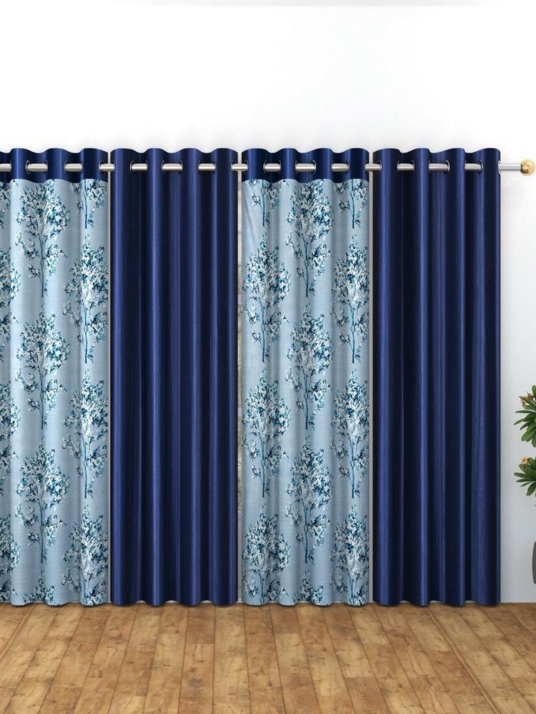 

Banchmark Home Furnishings Blue & White Set of 4 Floral Long Door Curtain