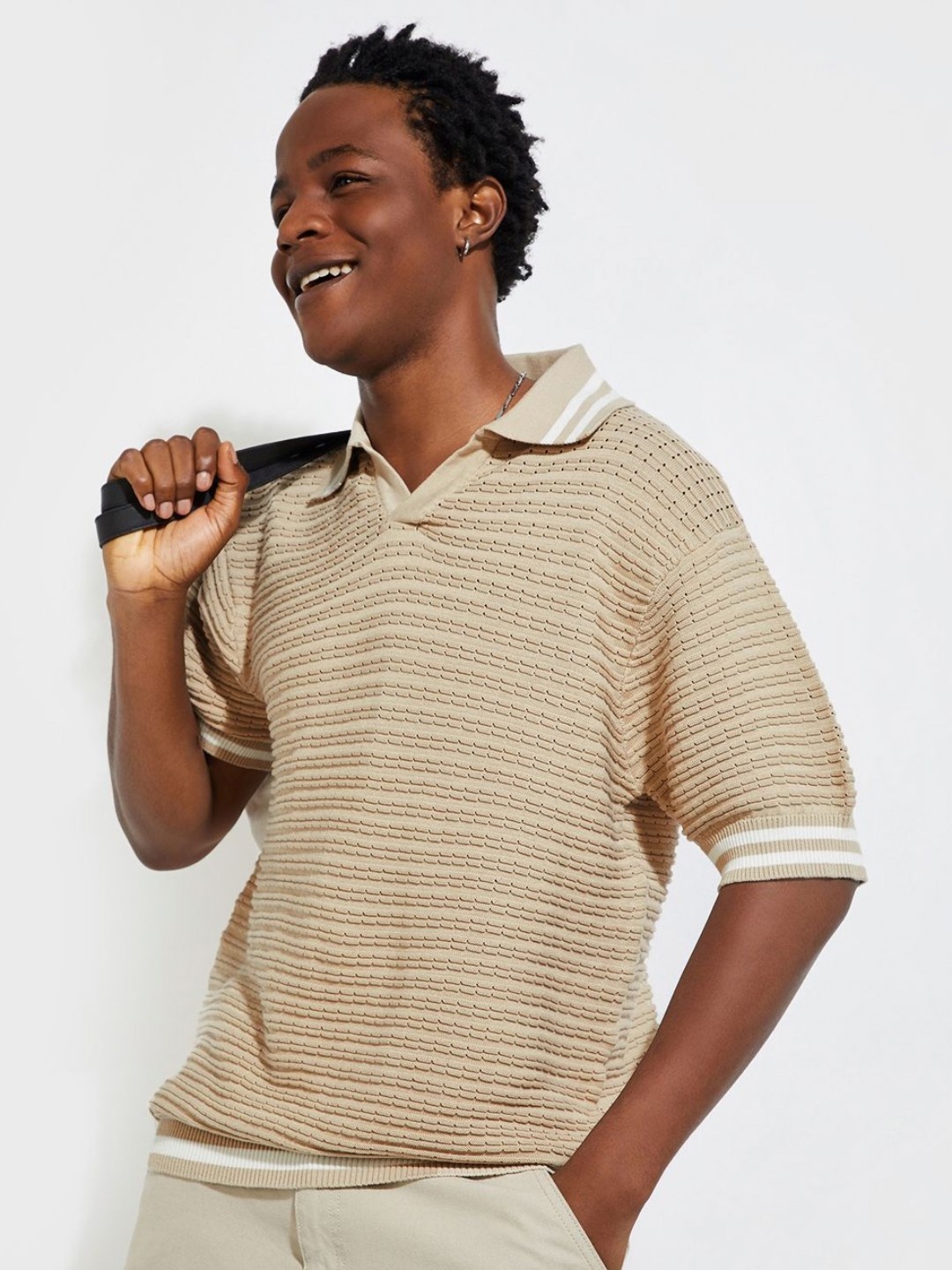 

Max Urb_N Men Oversized Knit Polo T-Shirt, Beige