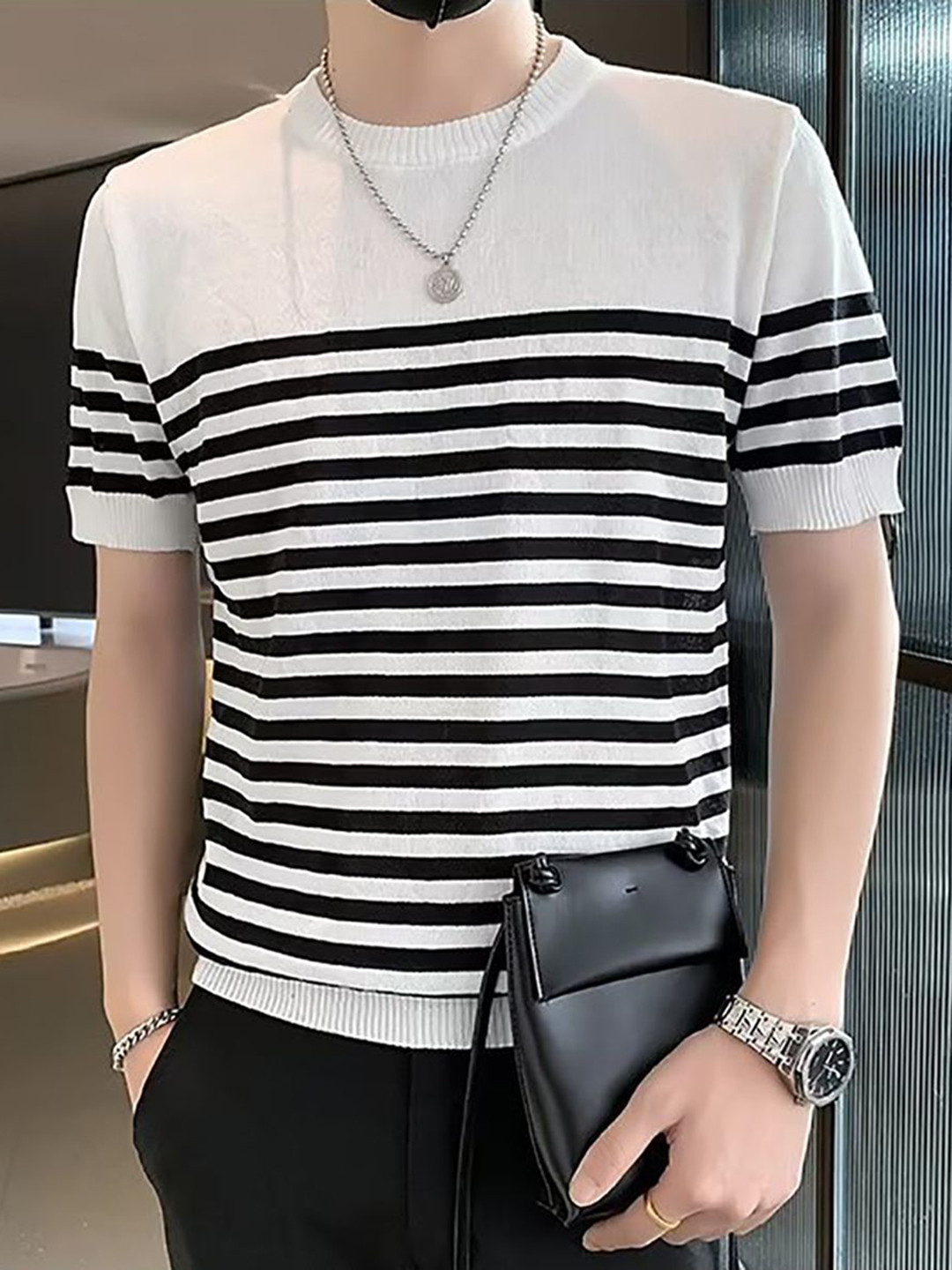 

StyleCast x Revolte Men Striped Round Neck T-shirt, White