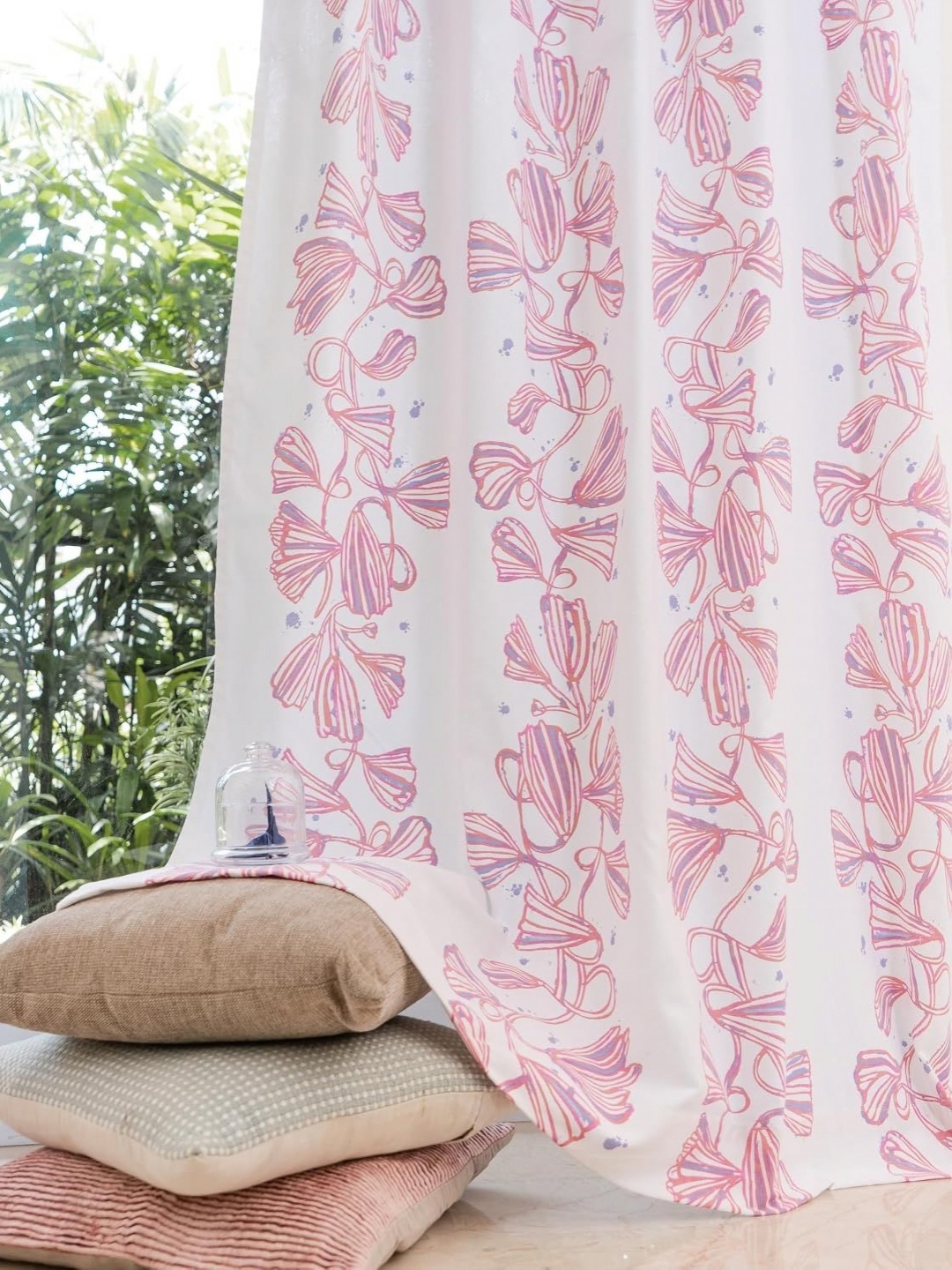 

Tranquebar Home Pink & White 2 Pieces Floral Cotton Room Darkening Window Curtains