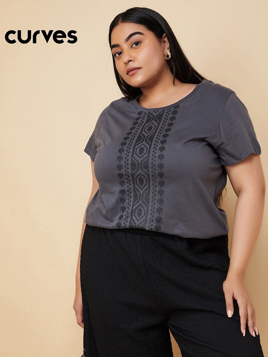 

max Women Plus Size Graphic Printed Round Neck Cotton T-shirt, Grey
