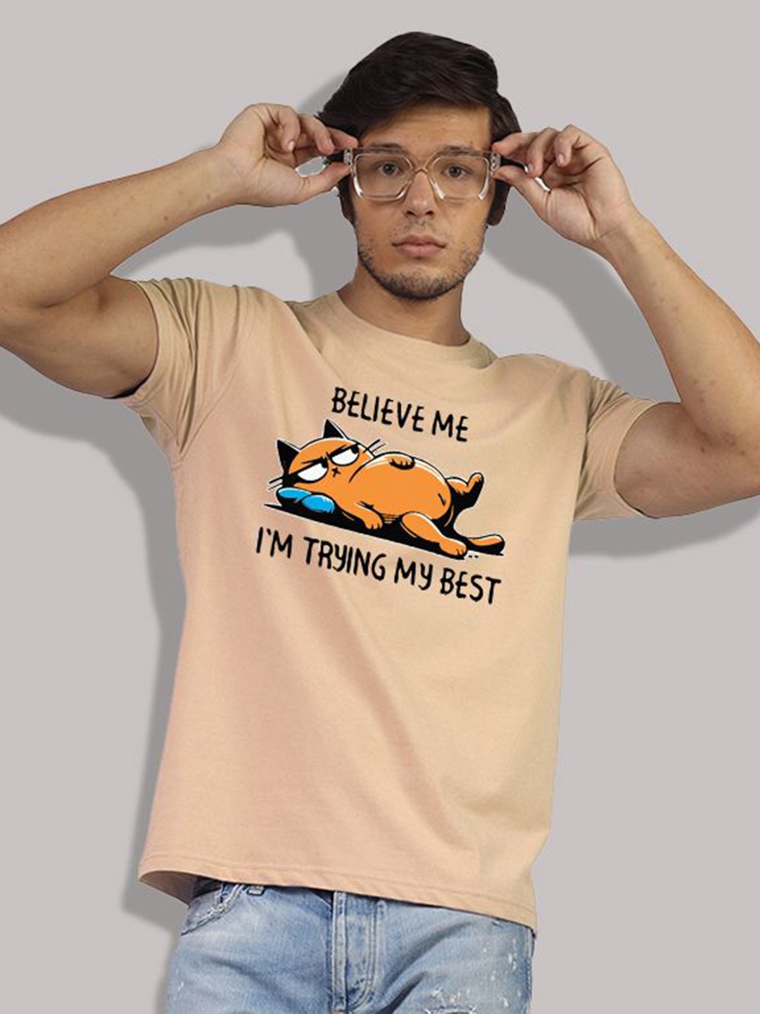 

Greylongg Men Graphic Printed Round Neck Cotton T-shirt, Beige