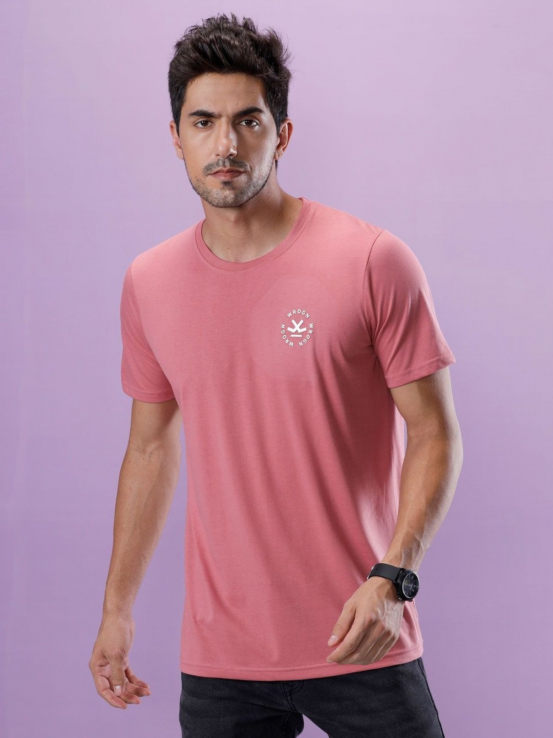 

WROGN Men Solid Round Neck Pure Cotton T-shirt, Pink