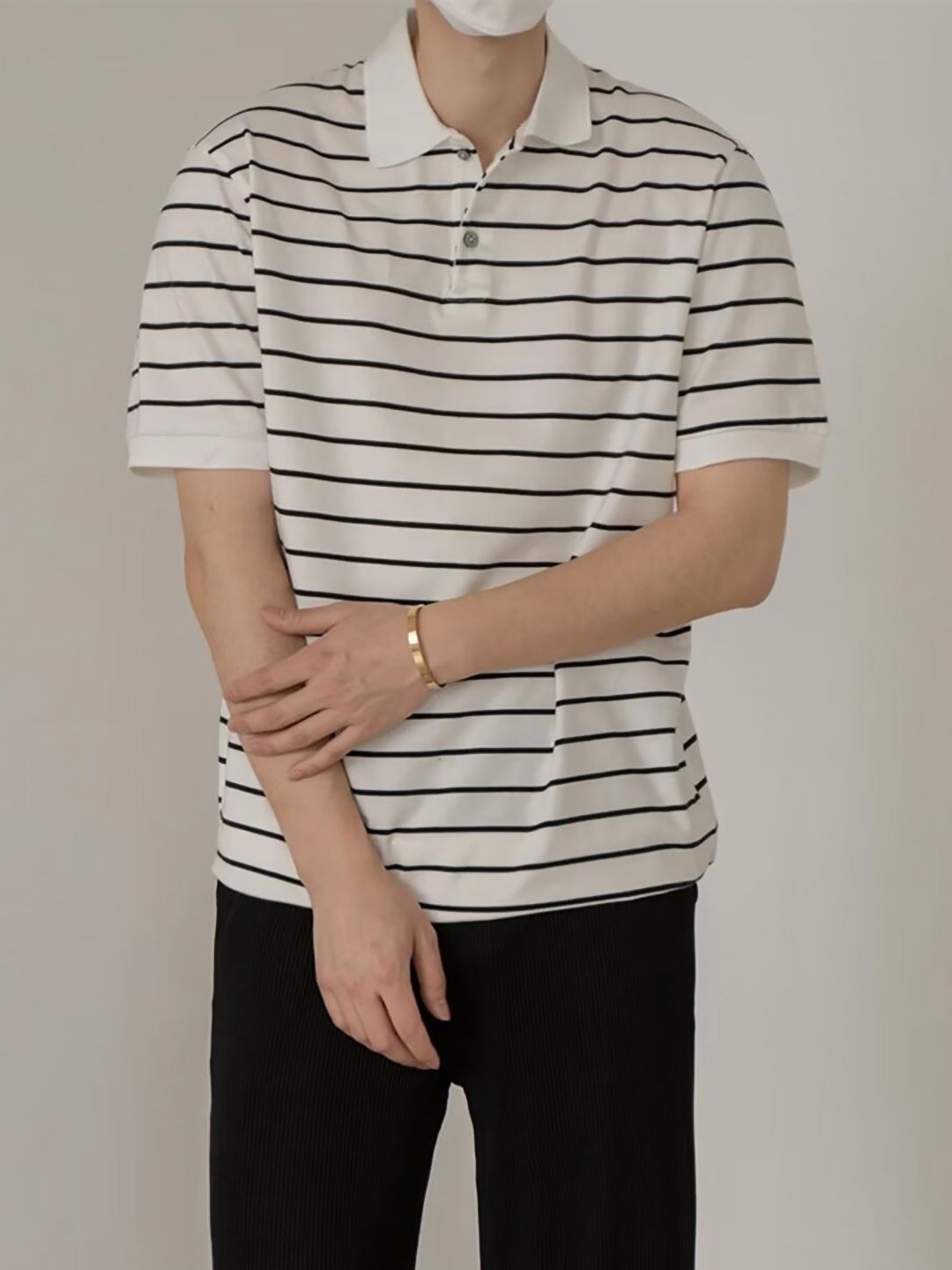 

StyleCast x Revolte Men Striped Polo Collar T-shirt, White