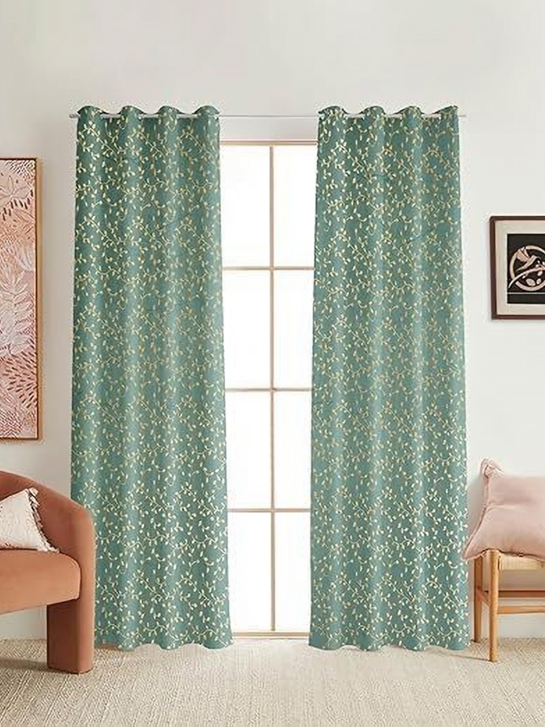 

Banchmark Home Furnishings Blue 2Pieces Floral Printed Velvet Black Out Long Door Curtains