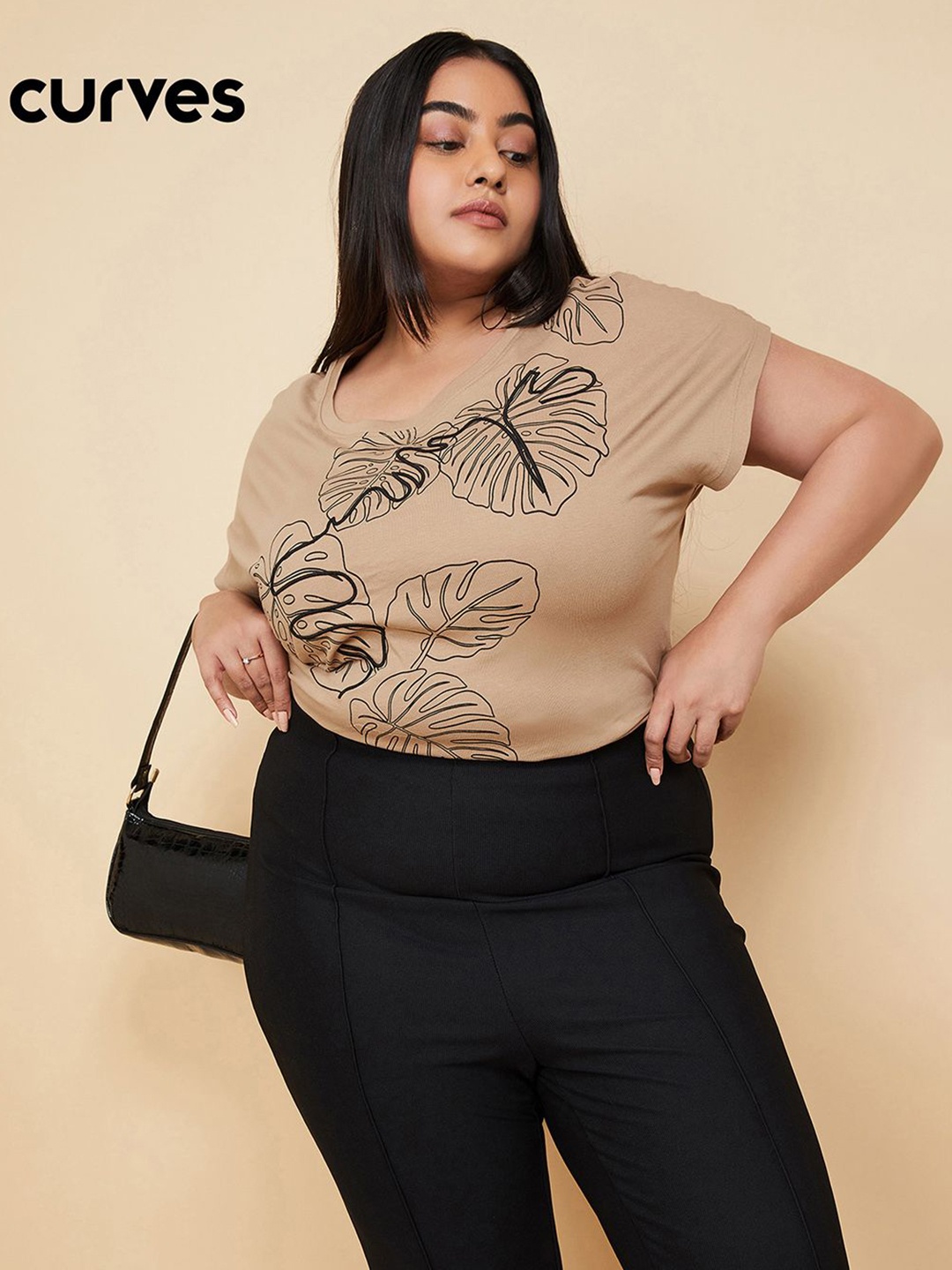 

max Women Plus Size Graphic Printed Round Neck Cotton T-shirt, Beige