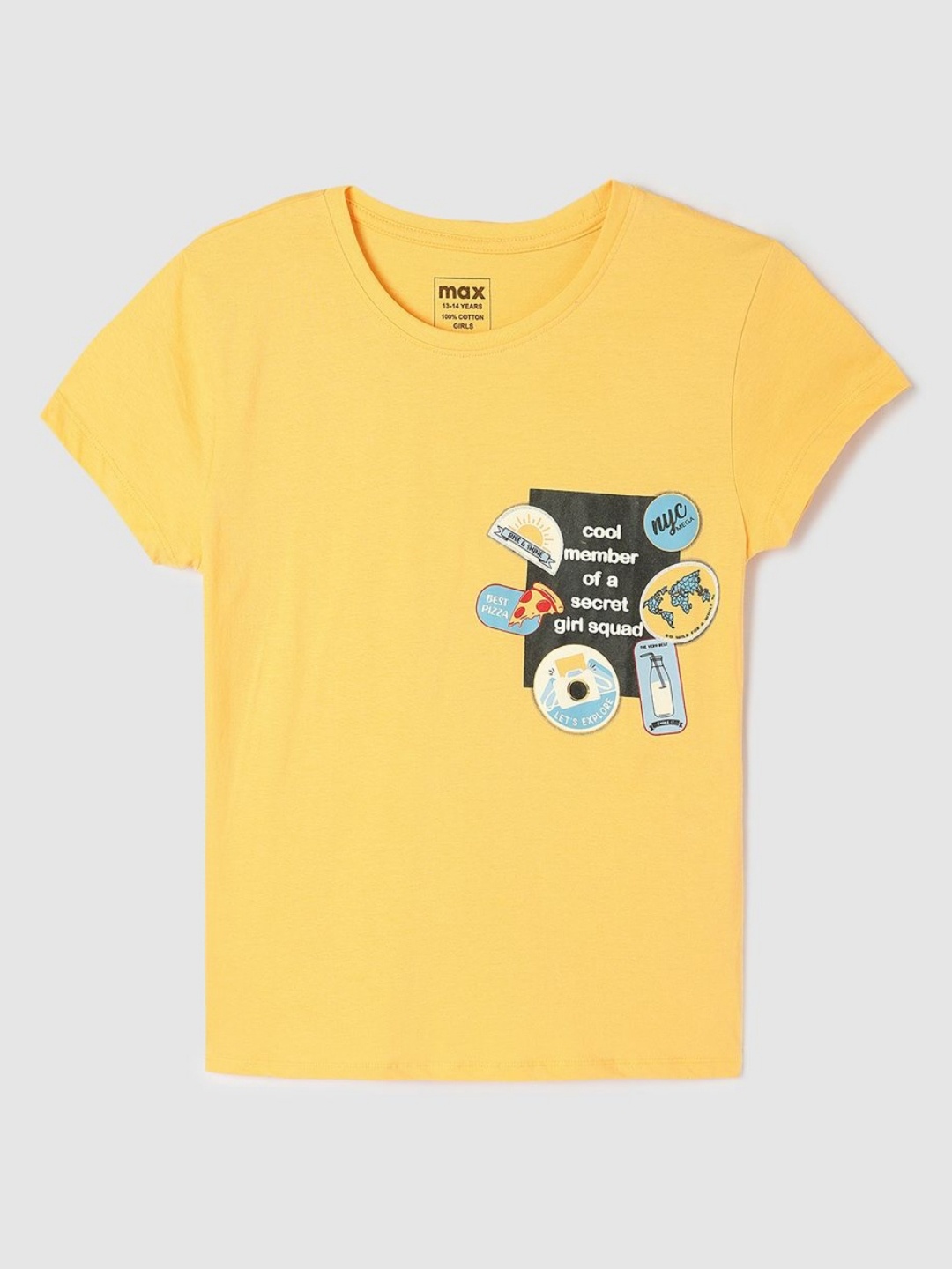 

max Girls Graphic Printed Round Neck Cotton T-shirt, Yellow