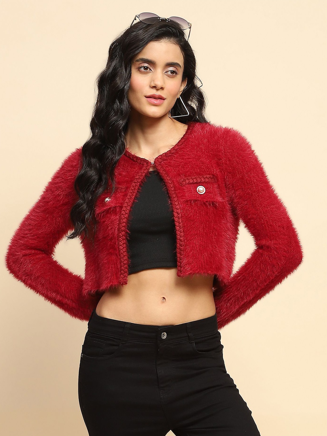 

Global Republic Round Neck Open Front Shrug, Maroon
