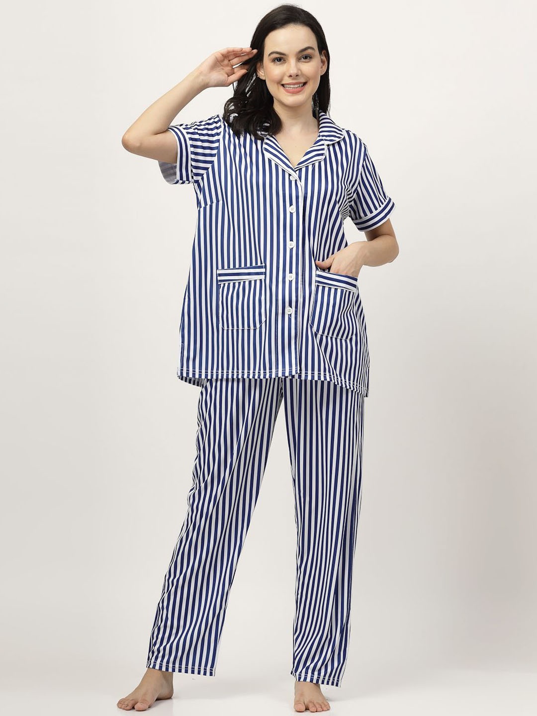 

SHYAM SONS FLAIR Women Striped Printed Lapel Collar Night suit, Blue