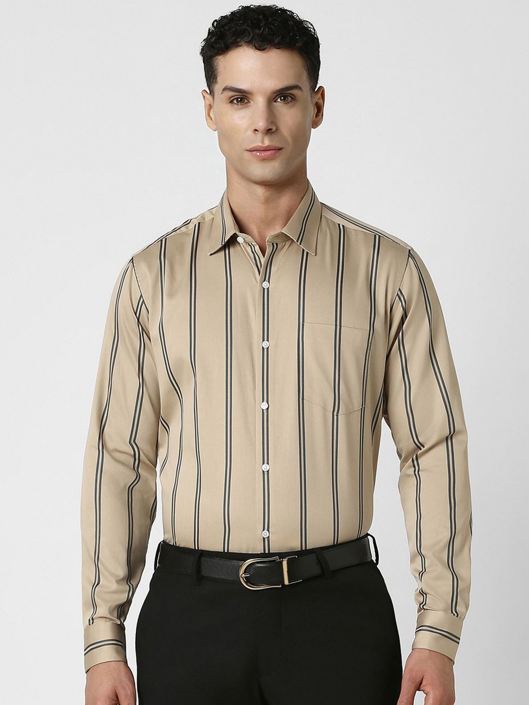 

Van Heusen Men Spread Collar Vertical Striped Cotton Party Shirt, Beige