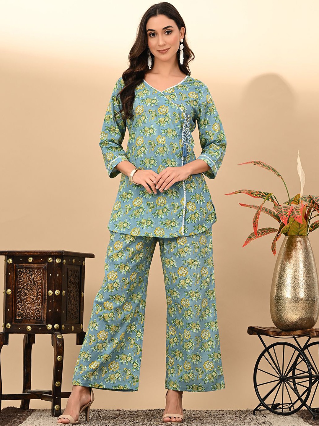 

RAJPUTANA CAMISA Printed Pure Cotton Top With Trouser Co-Ords, Blue