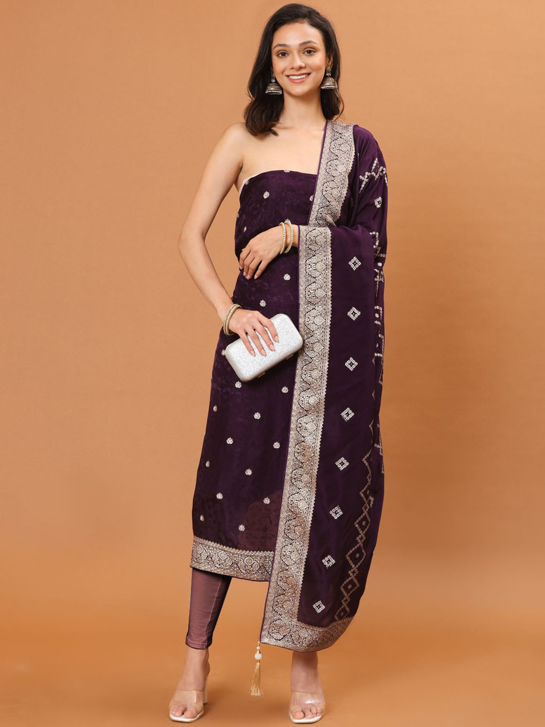 

Meena Bazaar Ethnic Motifs Woven Design Zari Detail Art Silk Unstitched Dress Material, Purple