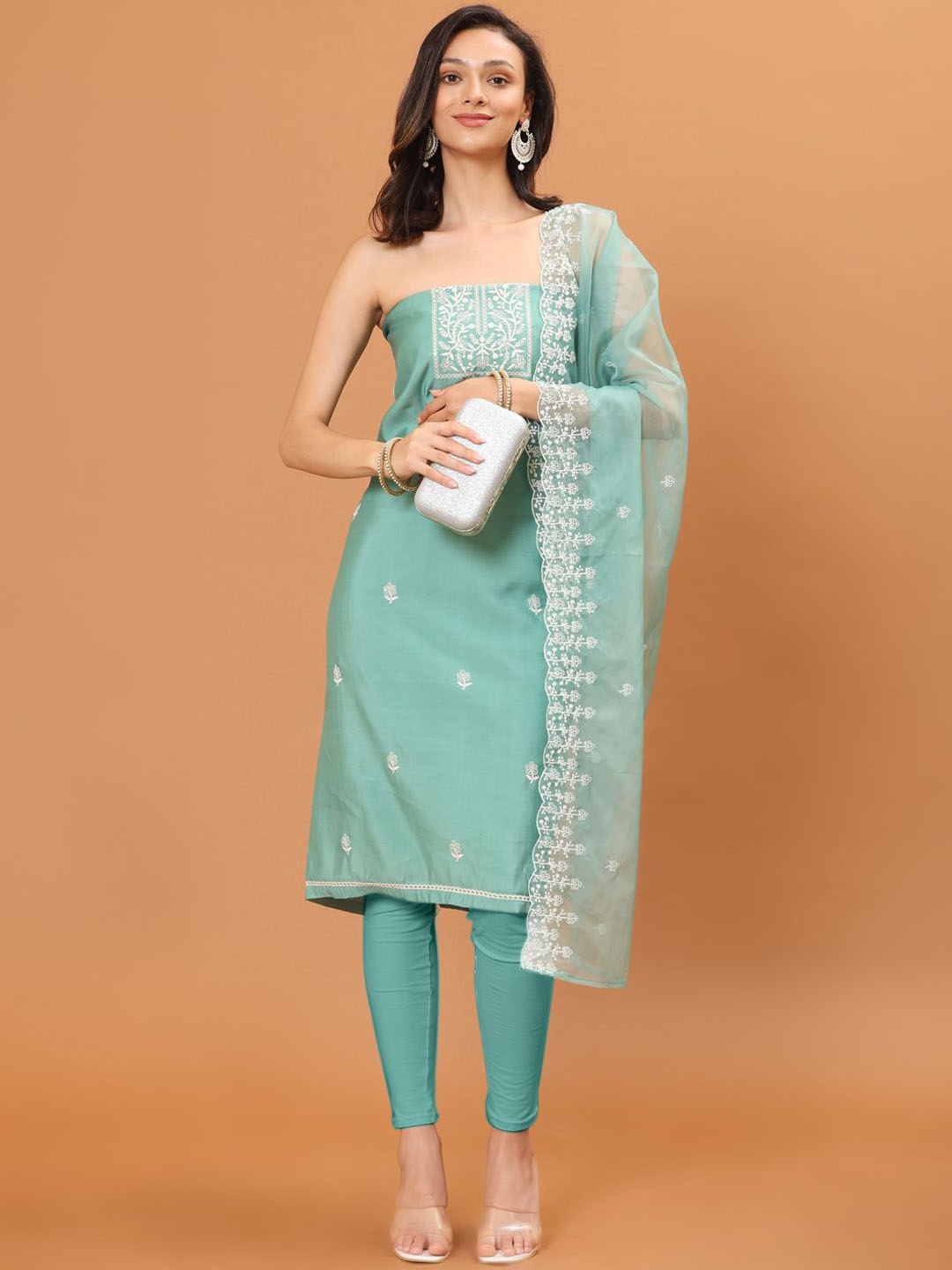 

Meena Bazaar Floral Embroidered Thread Work Unstitched Dress Material, Turquoise blue