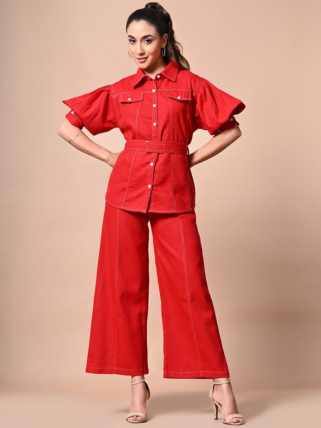 

PANKH Pure Cotton Shirt & Trouser With Belt, Red