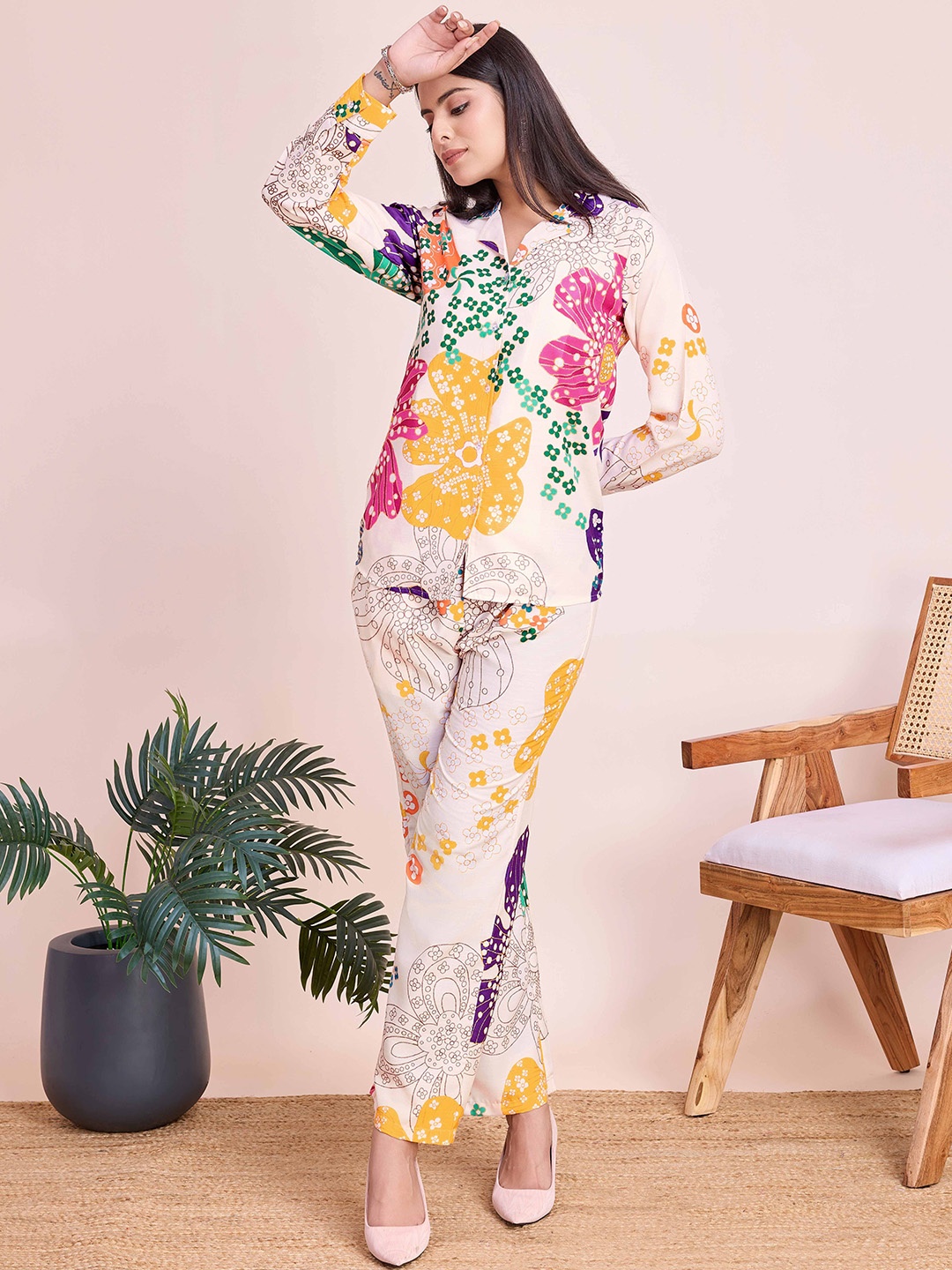 

Siya Fashion Floral Printed Long Sleeve Shirt & Trouser, White
