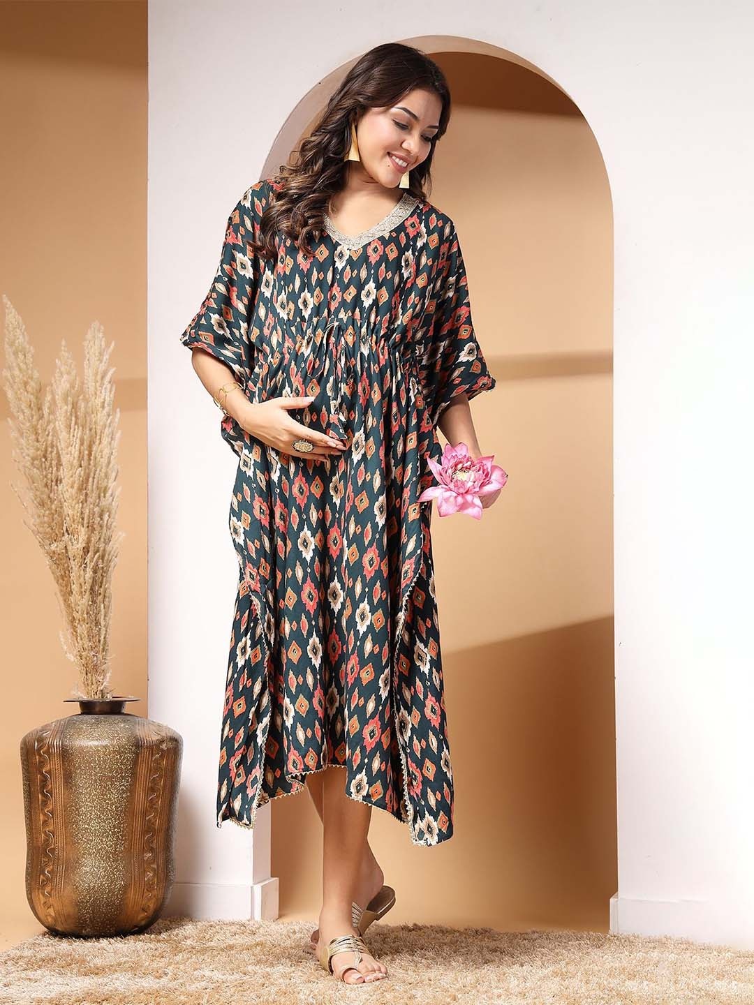 

House Of Zelena Print Slit Sleeve Maternity Kaftan Midi Dress, Black