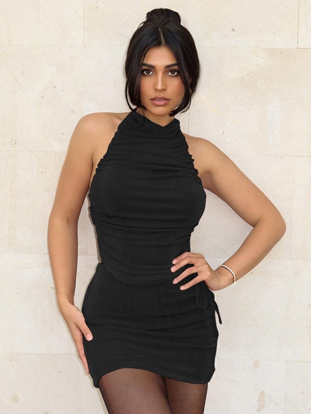 

KPOP Women's Halter Neck Solid Sleeveless Backless Bodycon Dress, Black