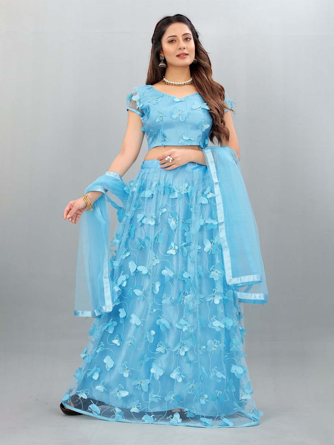 

Aika Embroidered Thread Work Semi-Stitched Lehenga & Unstitched Blouse With Dupatta, Turquoise blue
