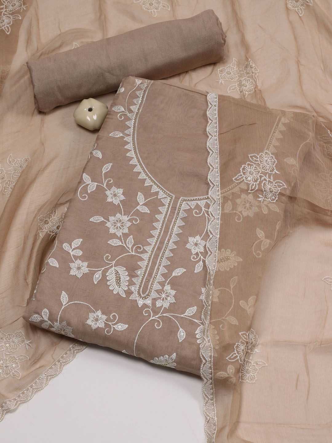 

Meena Bazaar Floral Embroidered Sequinned Unstitched Dress Material, Beige