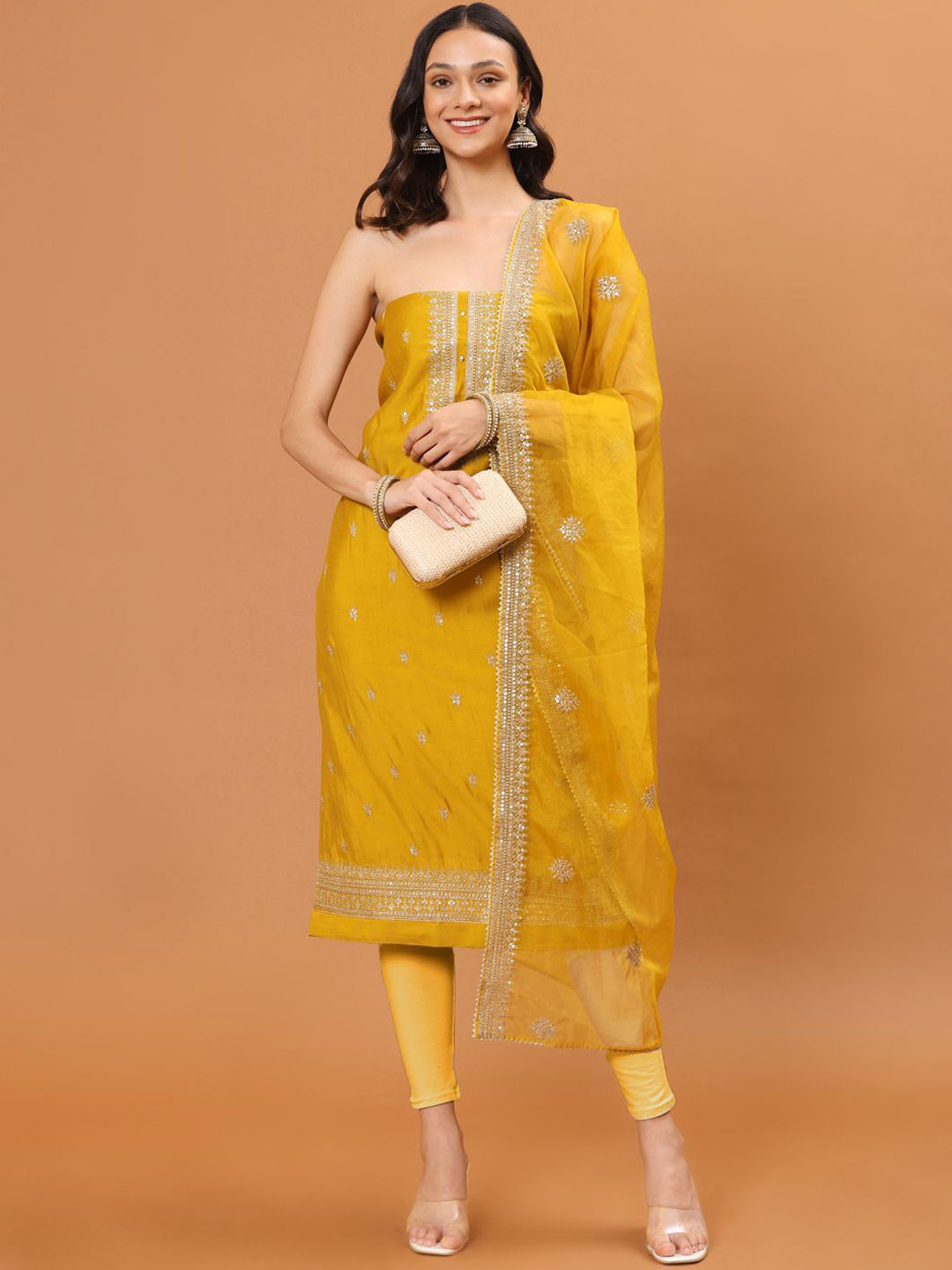 

Meena Bazaar Floral Embroidered Sequinned Chanderi Unstitched Dress Material, Yellow