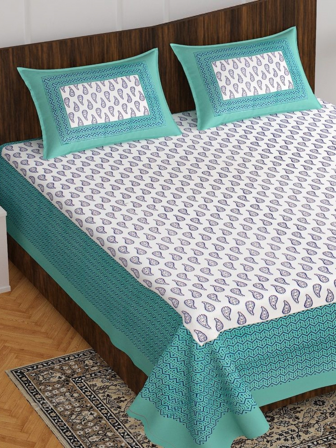 

AYAT COLLECTION Sea Green Ethnic Motifs Pure Cotton 144TC Queen Bedsheet & 2 Pillow Covers