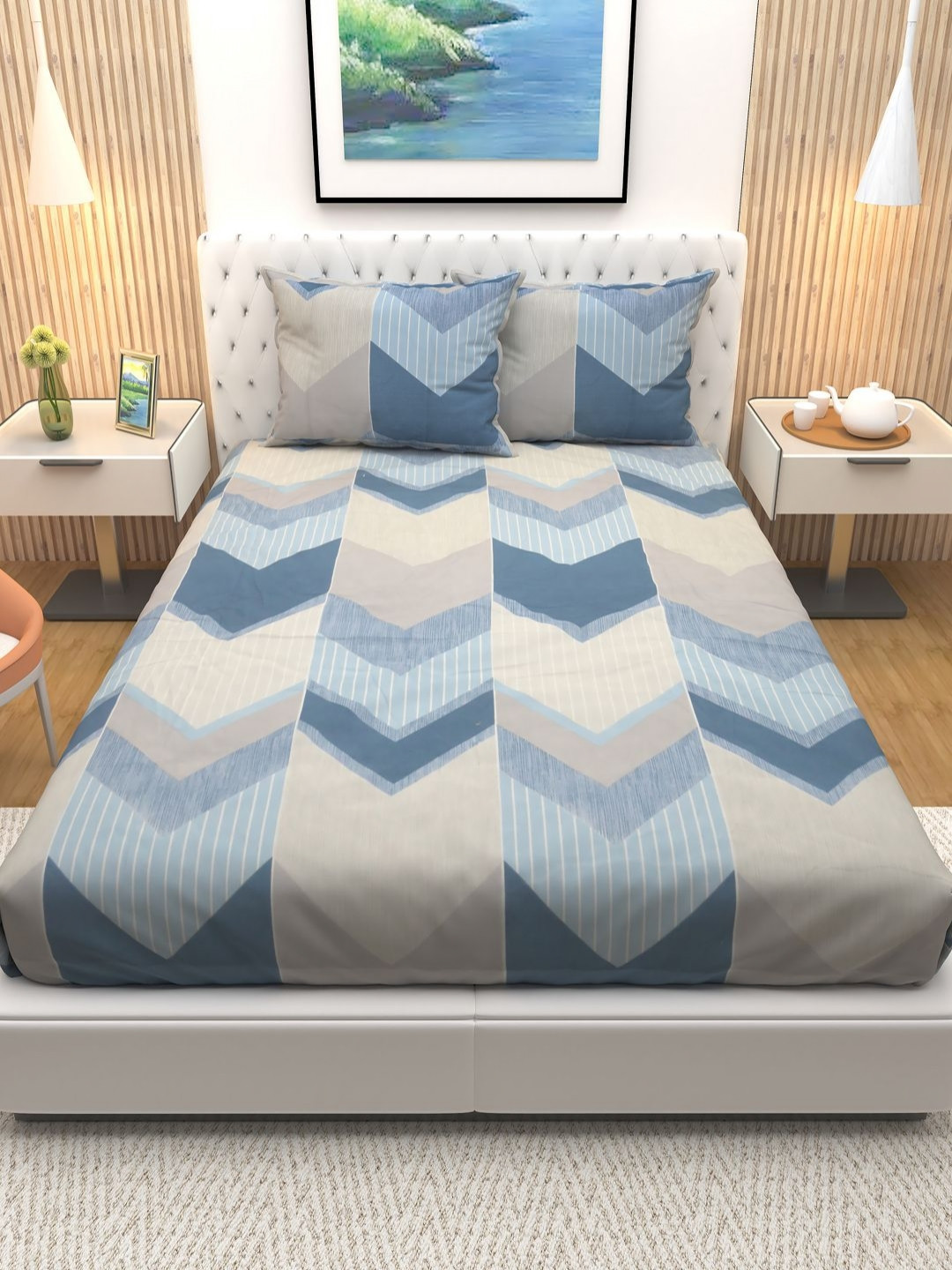 

Aura Blue & Beige Geometric Printed Cotton 180 TC Queen Bedsheet with 2 Pillow Covers